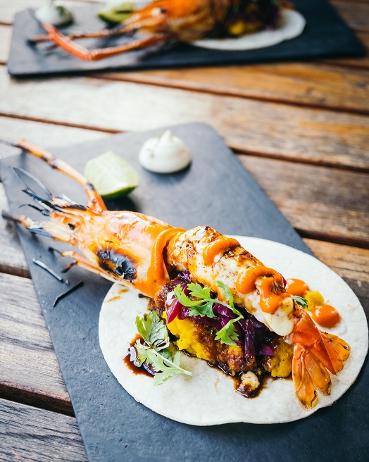 Taco with prawn or shrimp and sauce on black plate - Mexican food style , Color Filter Processing